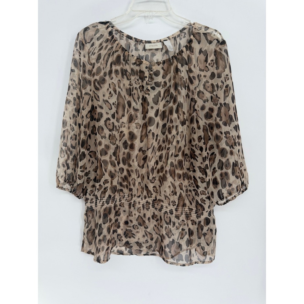 Chicos Sheer Leopard Print Gold Metallic Smocked Waist Blouse Brown Size 3 XL